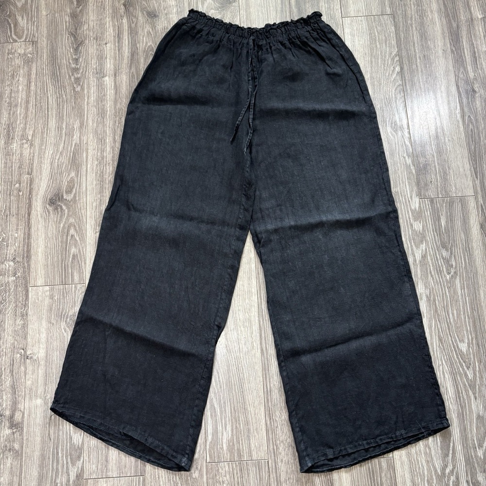 Puro Lino Womens M Black 100% Italian Linen Lightweight Wide Legs Boho Pants